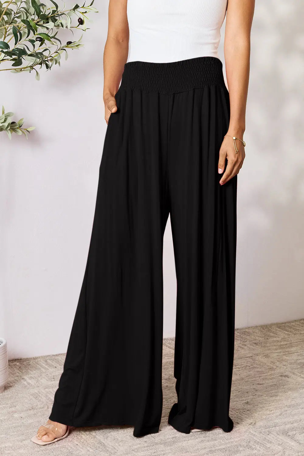 Basic Bae Full Size Smocked Wide Waistband Wide Leg Pants-Very Besty