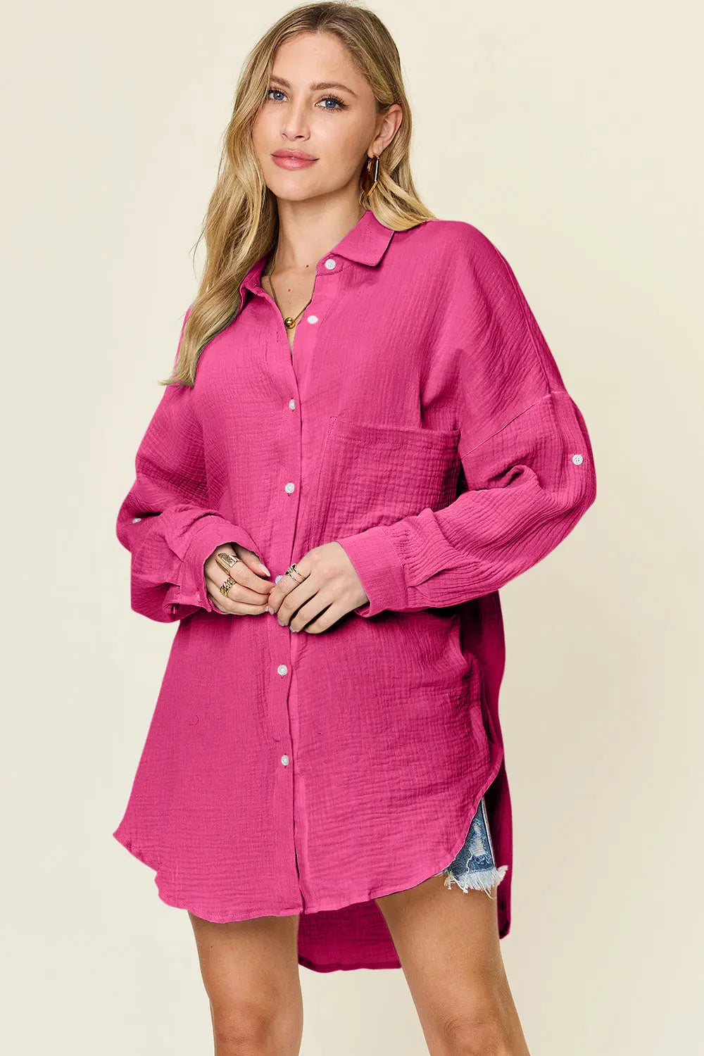 Double Take Full Size Pocketed Texture Button Up Shirt-Very Besty