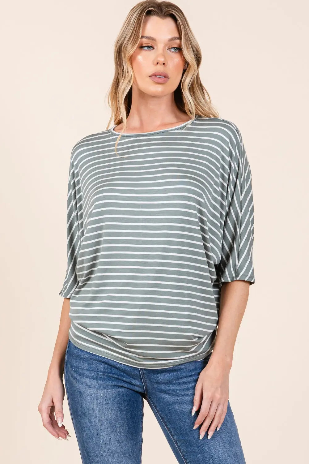 BOMBOM Striped Boat Neck Dolman Sleeve Top-Very Besty