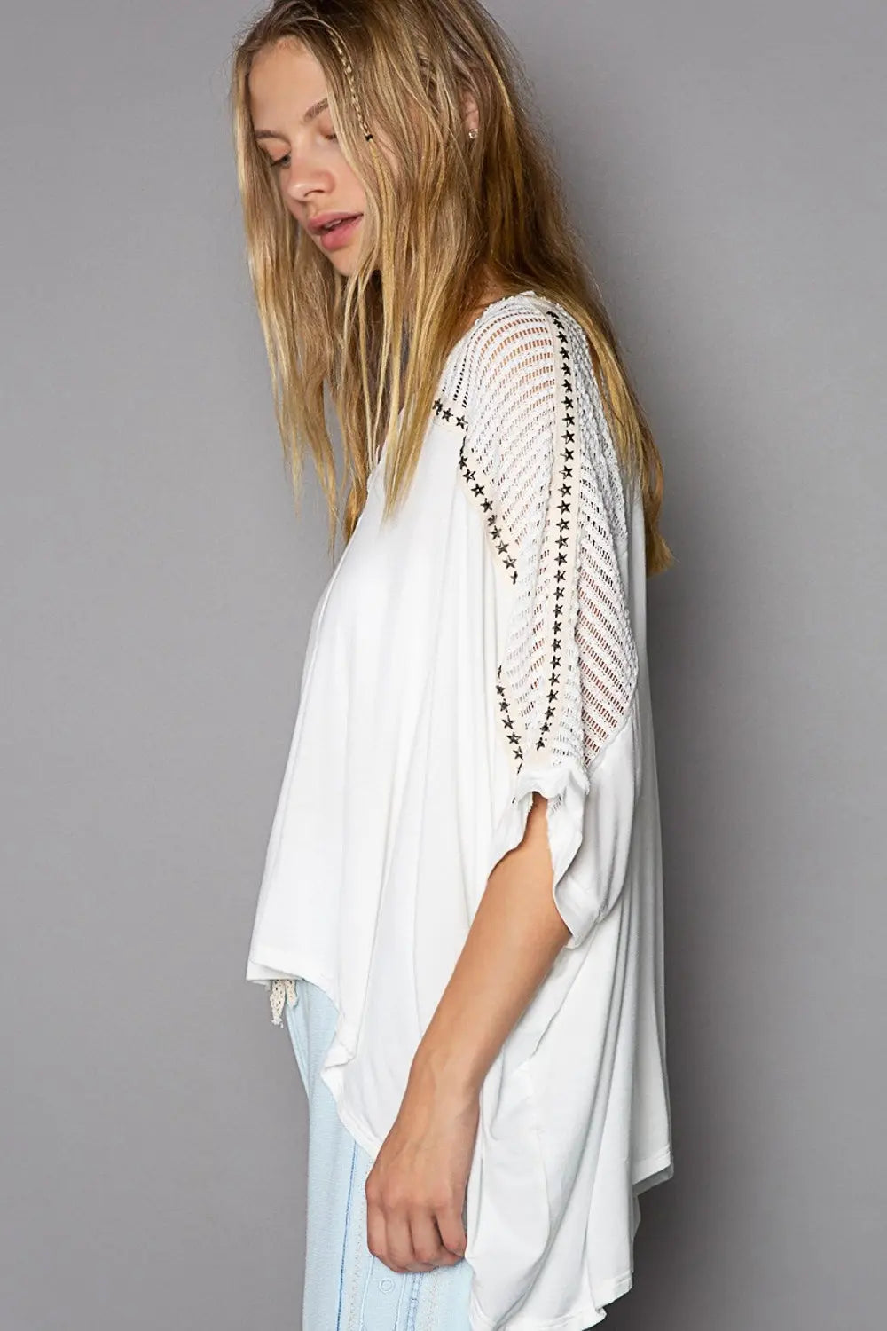 POL Oversize V-Neck Crochet Lace Contrast Studded Top-Very Besty
