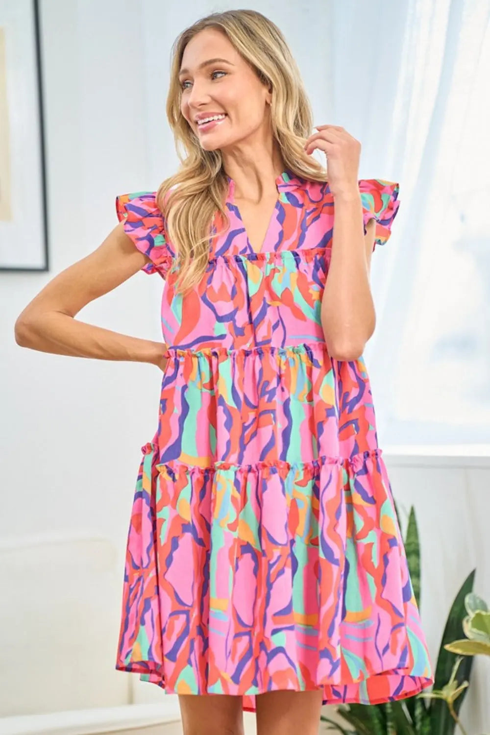 First Love Full Size Printed Ruffle Cap Sleeve Tiered Dress-Very Besty