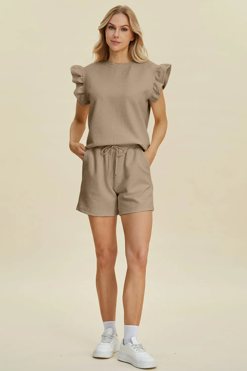 Double Take Full Size Texture Round Neck Ruffle Sleeve Top and Shorts Set-Very Besty