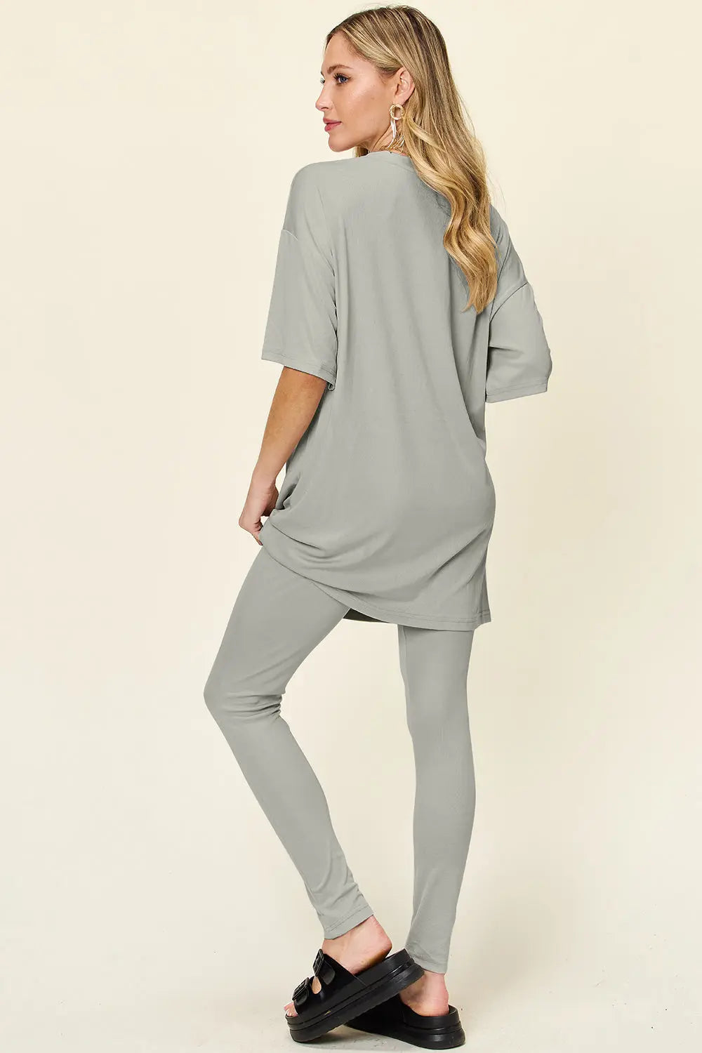 Double Take Full Size Round Neck Dropped Shoulder T-Shirt and Leggings Set-Very Besty