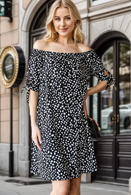 Heimish Full Size Short Sleeve Off Shoulder Animal Mini Dress Plus Size-Very Besty