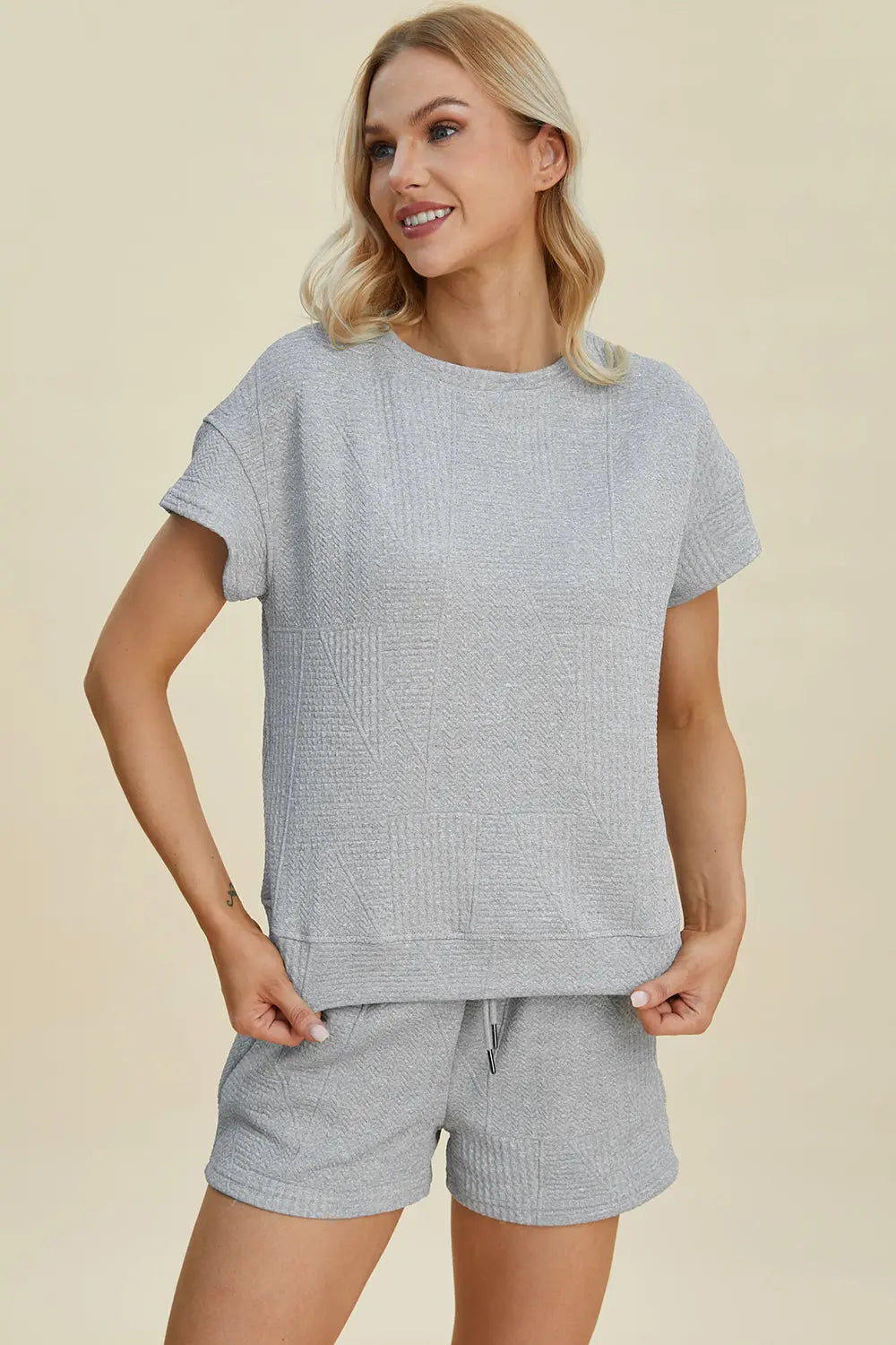 Double Take Full Size Texture Short Sleeve Top and Shorts Set-Very Besty
