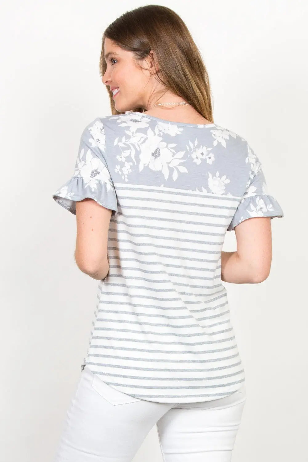 Be Stage Full Size Floral & Striped Flounce Sleeve Top-Very Besty