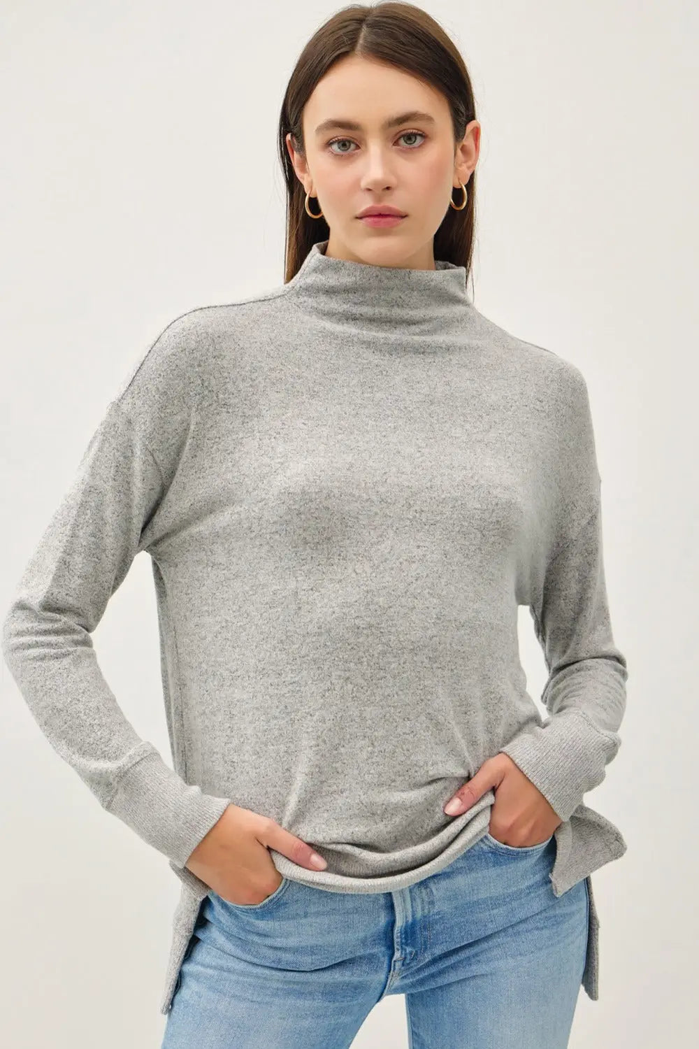 Be Cool Side Slit Mock Neck Long Sleeve Tunic Top-Very Besty