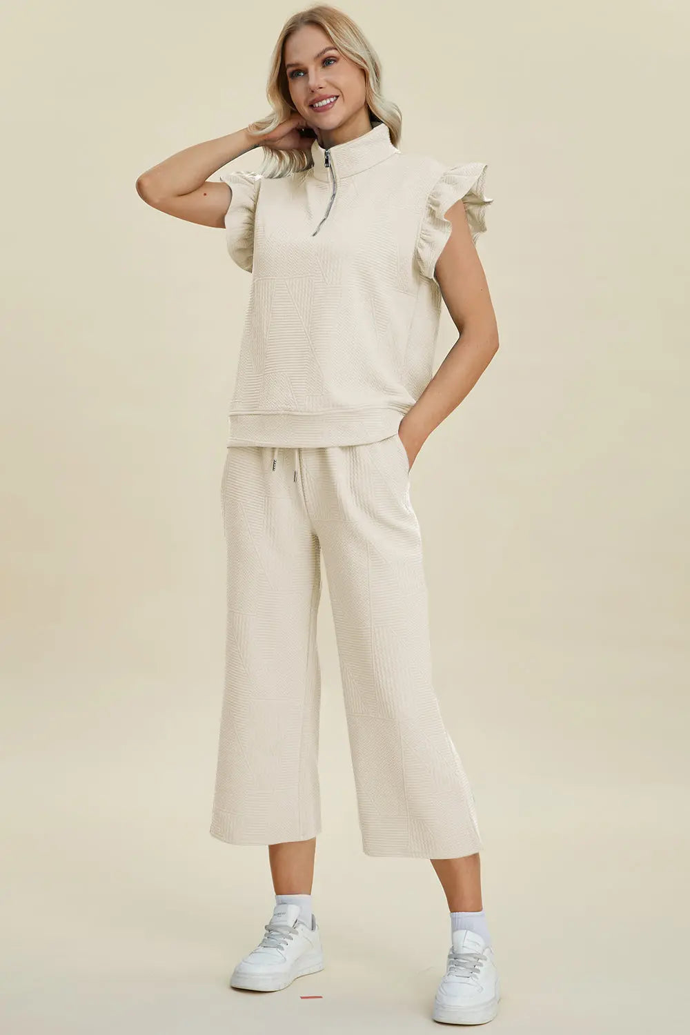 Double Take Full Size Texture Ruffle Short Sleeve Top and Wide Leg Pants Set-Very Besty