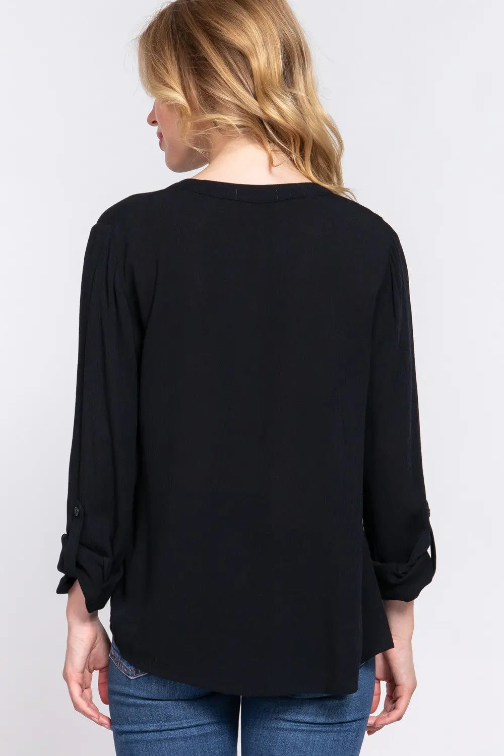 ACTIVE BASIC Full Size Notched Long Sleeve Woven Top-Very Besty