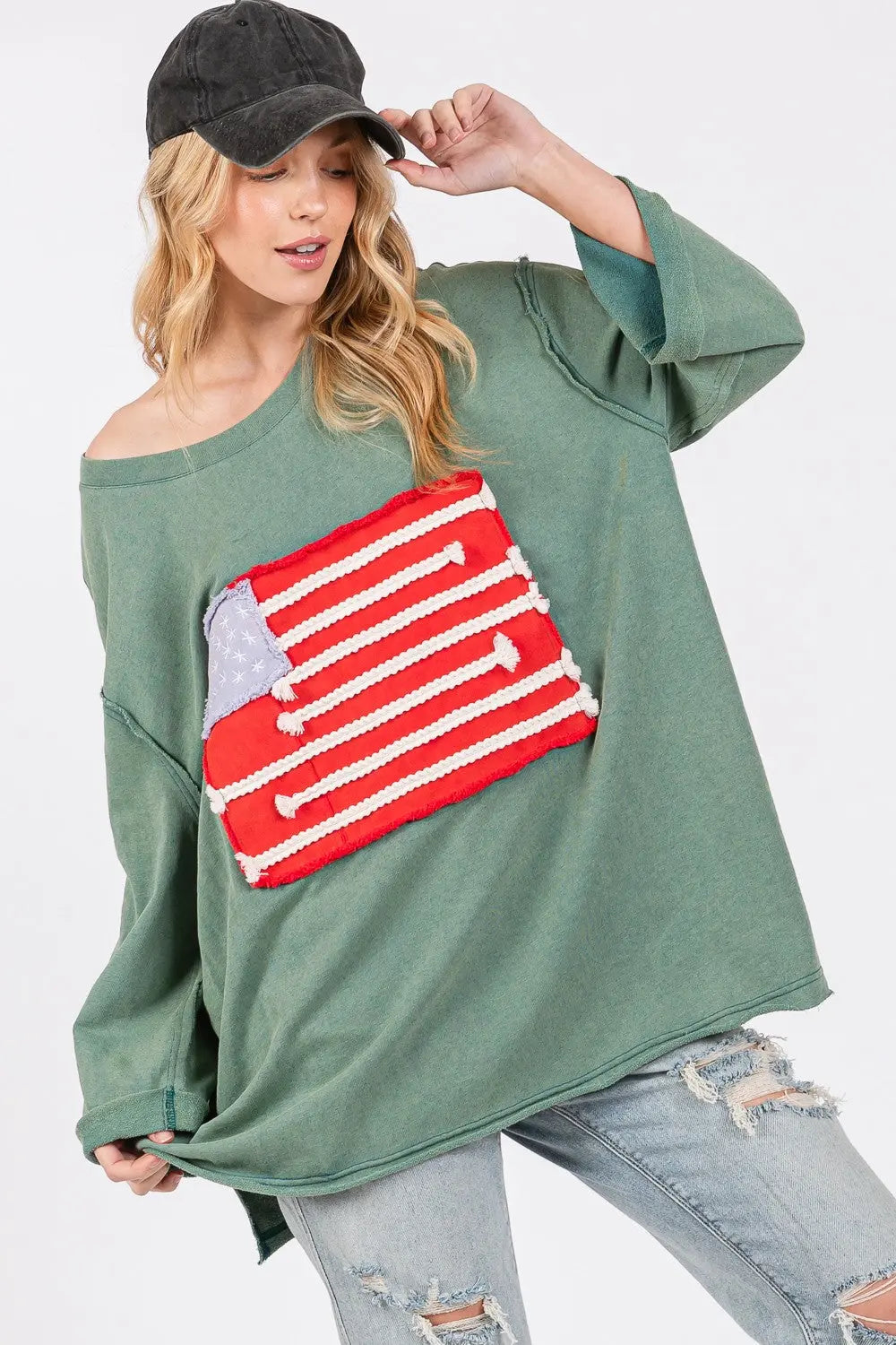 SAGE + FIG Full Size American Flag Patch Drop Shoulder T-Shirt-Very Besty