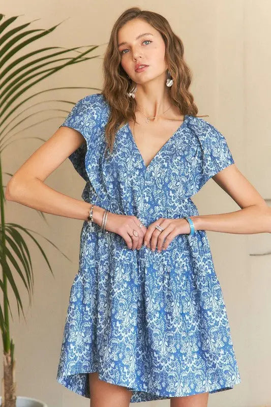 ADORA Printed V-Neck Ruffle Sleeve Mini Dress-Very Besty