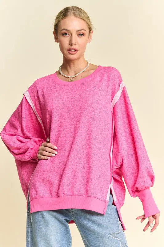Davi & Dani Side Slit High-Low Lantern Sleeve Knit Top-Very Besty