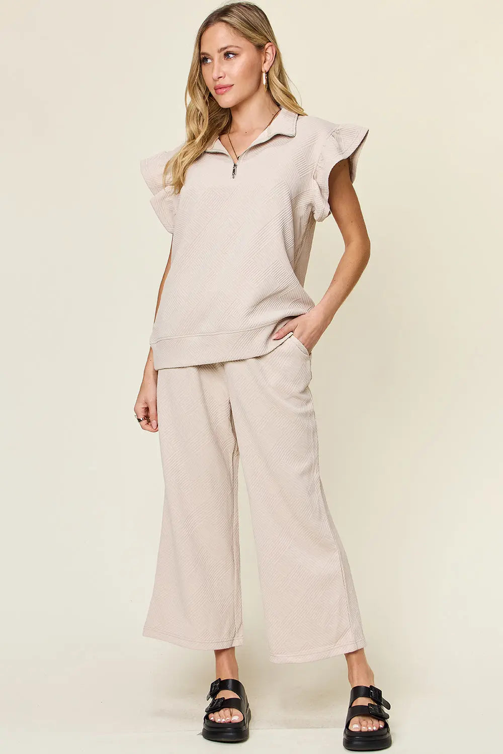 Double Take Texture Ruffle Short Sleeve Top and Drawstring Wide Leg Pants Set-Very Besty