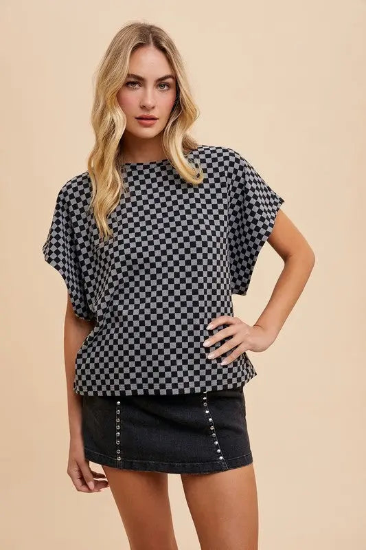 Annie Wear Checkered Round Neck Short Sleeve T-Shirt-Very Besty