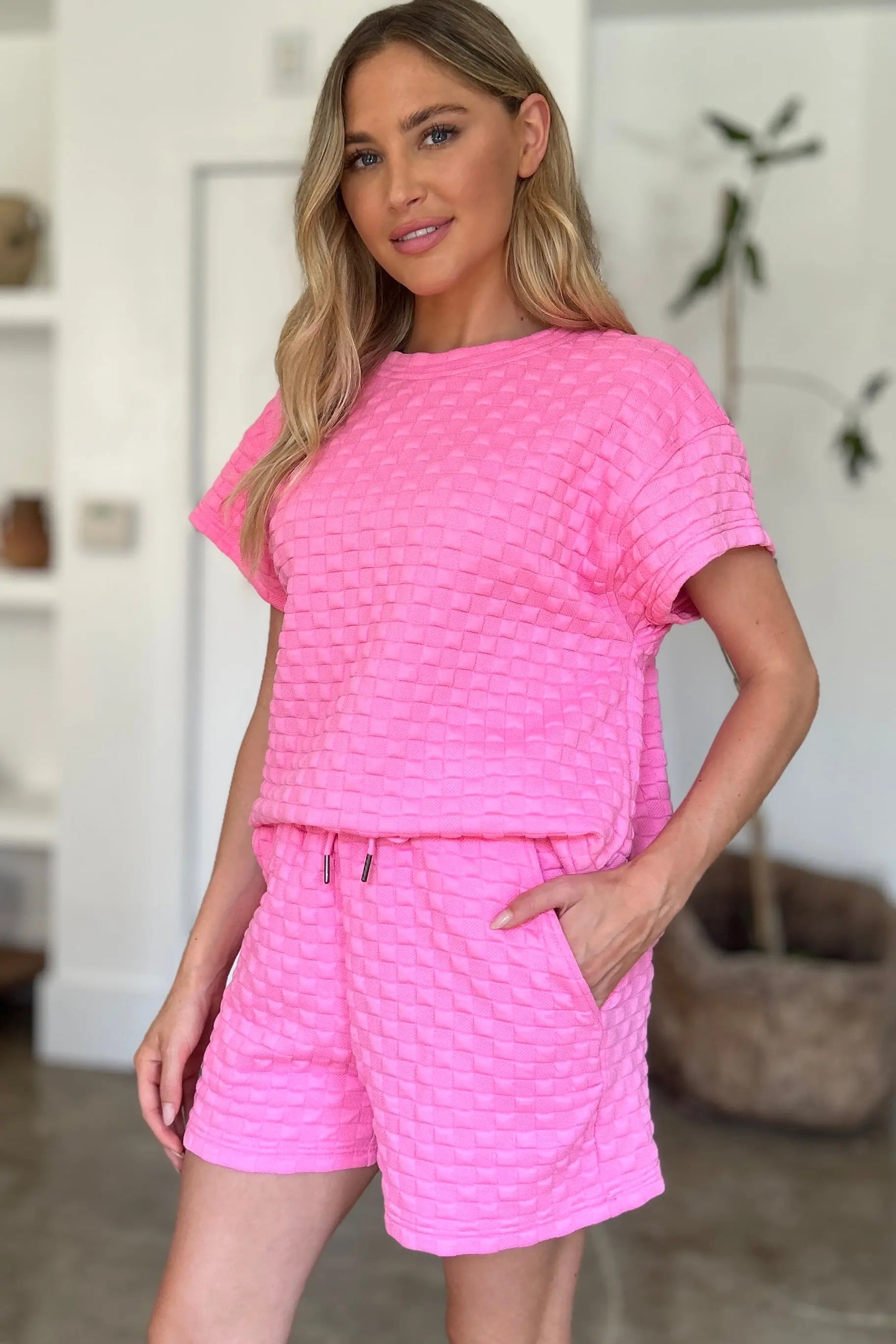 Double Take Full Size Texture T-Shirt and Shorts Set-Very Besty