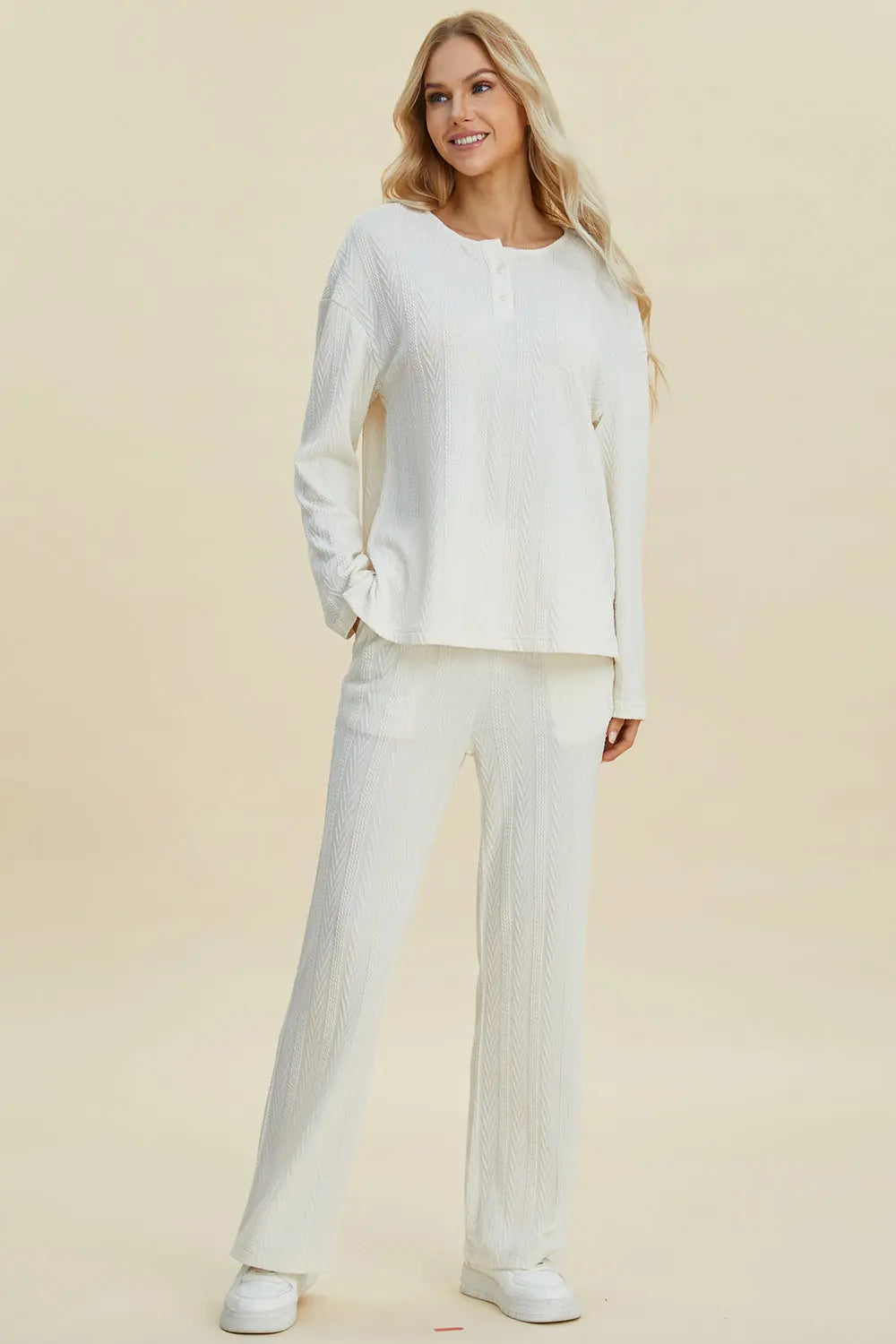 Double Take Full Size Cable-Knit Long Sleeve Top and Pants Set-Very Besty