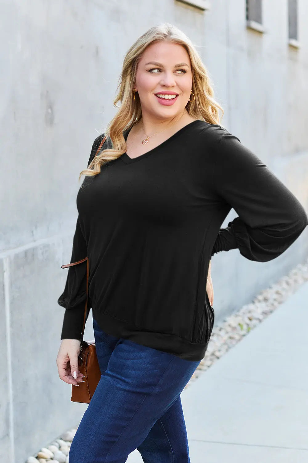 Basic Bae Full Size V-Neck Lantern Sleeve Top-Very Besty
