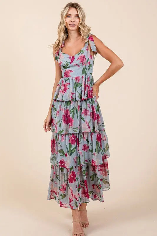 Mittoshop Layered Floral Sweetheart Neck Maxi Dress-Very Besty