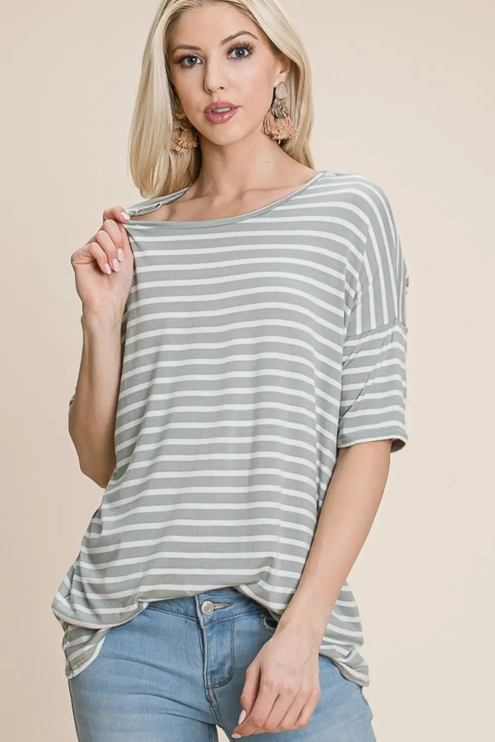 BOMBOM Striped Round Neck T-Shirt-Very Besty