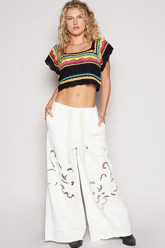 POL Openwork Ethnic Pattern Square Neck Cropped Knit Top-Very Besty