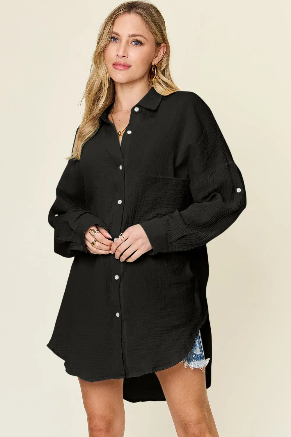 Double Take Full Size Pocketed Texture Button Up Shirt-Very Besty