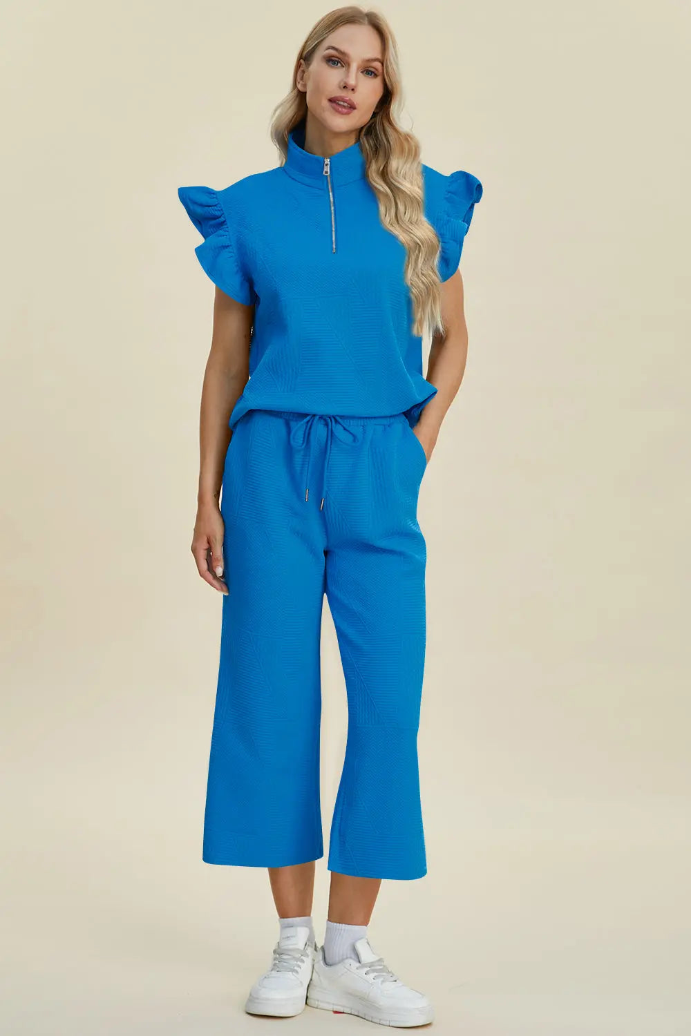 Double Take Full Size Texture Ruffle Short Sleeve Top and Wide Leg Pants Set-Very Besty