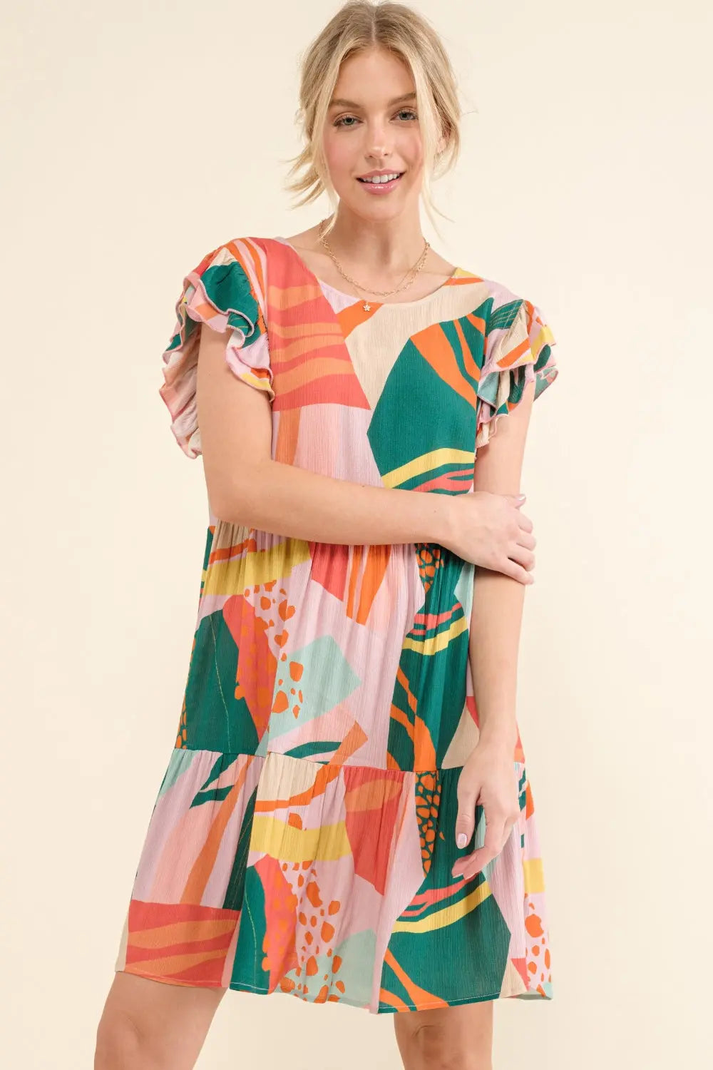 And The Why Printed Double Ruffle Sleeve Dress-Very Besty