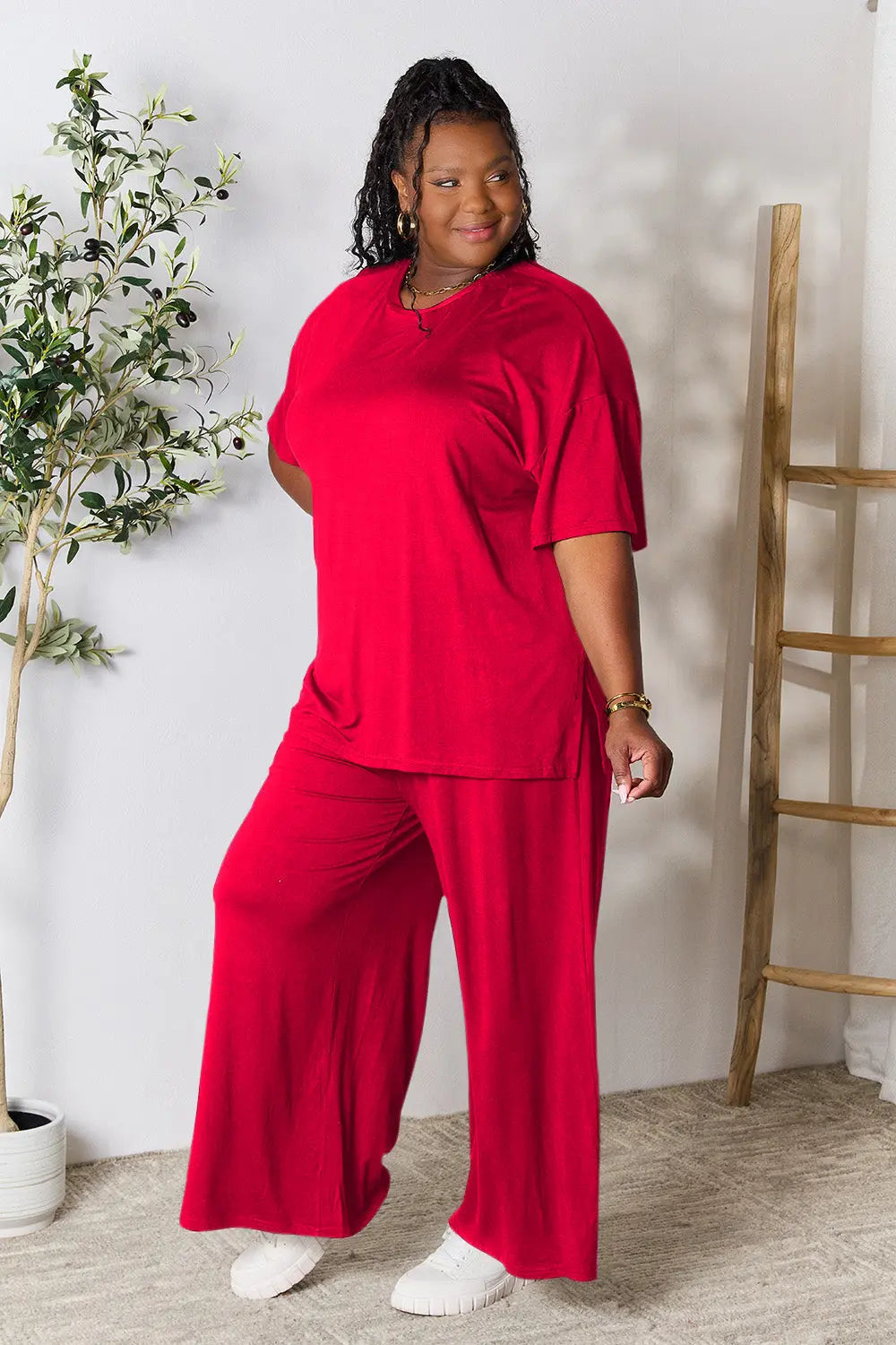 Double Take Full Size Round Neck Slit Top and Pants Set-Very Besty