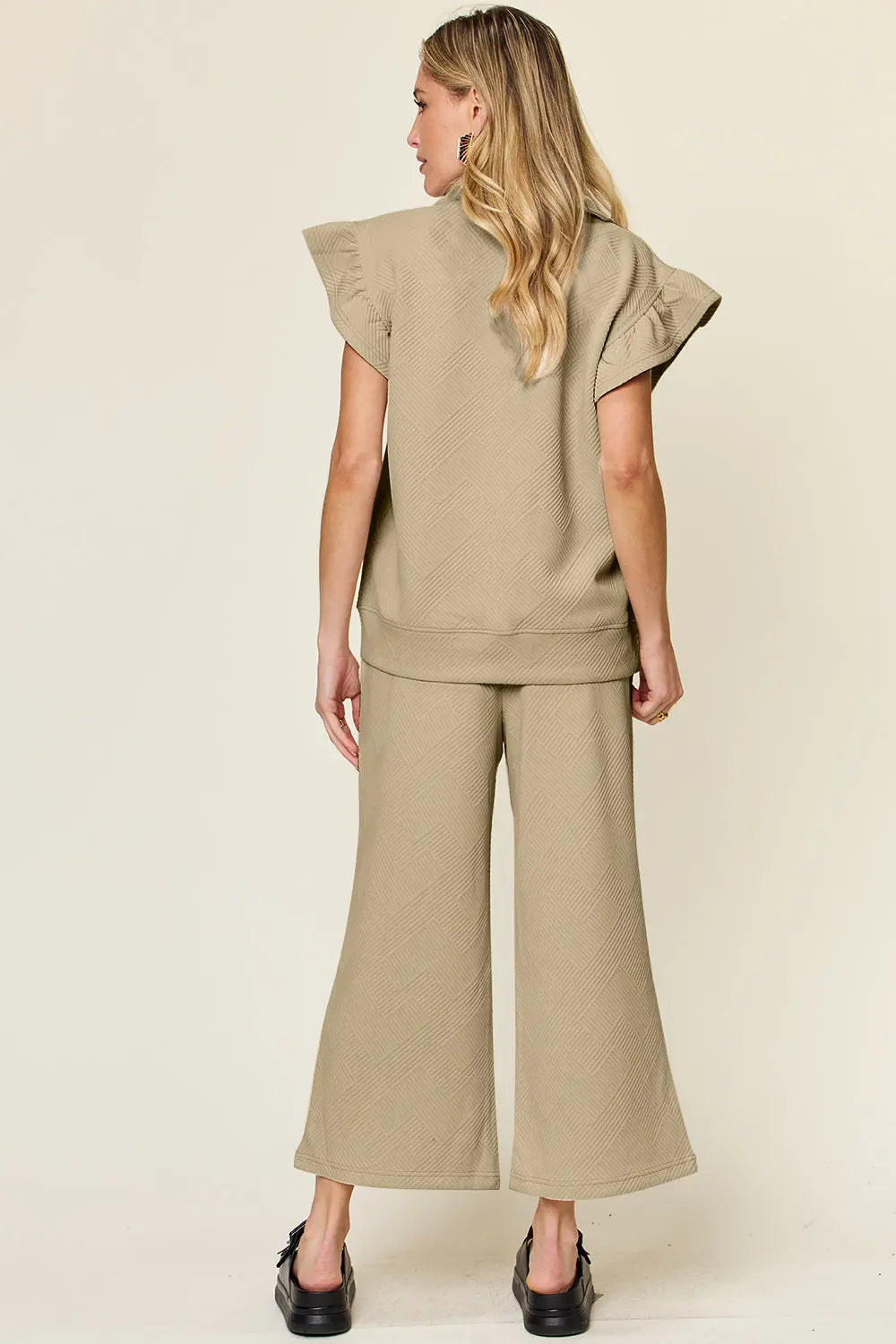 Double Take Texture Ruffle Short Sleeve Top and Drawstring Wide Leg Pants Set-Very Besty