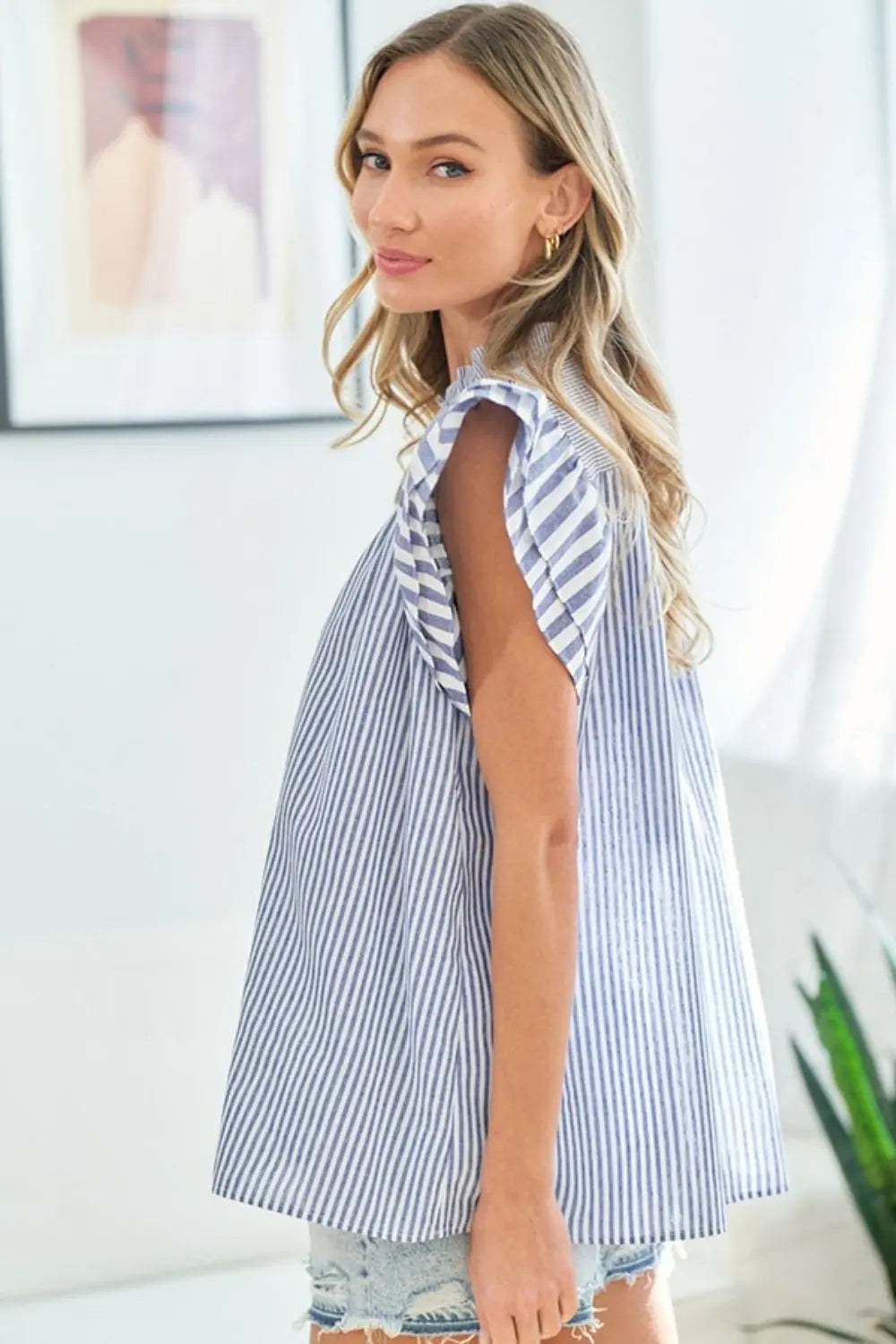 First Love Full Size Striped Flutter Sleeve Blouse-Very Besty