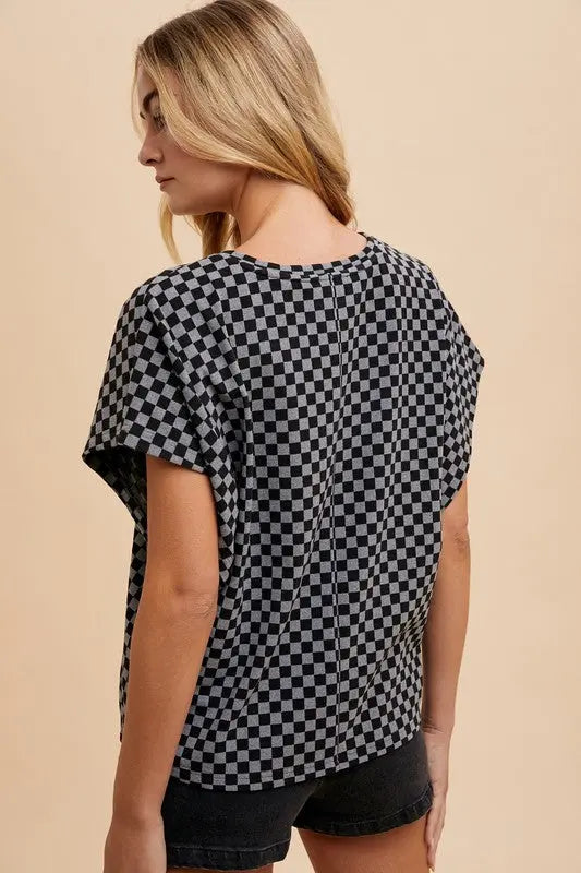 Annie Wear Checkered Round Neck Short Sleeve T-Shirt-Very Besty