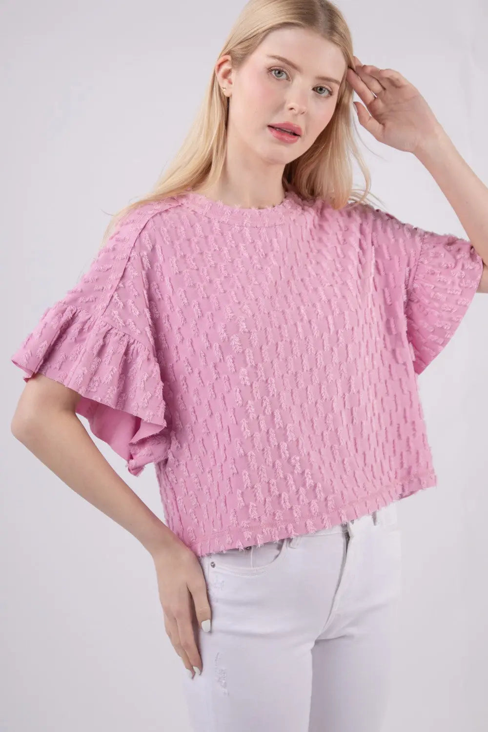 VERY J Full Size Texture Ruffle Short Sleeve Top-Very Besty