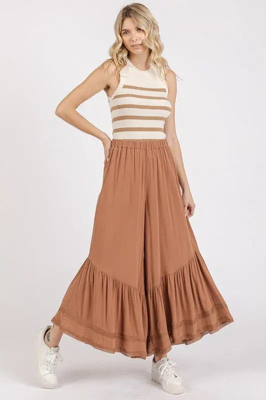 Mittoshop Lace Ruffle Asymmetric Hem Wide Leg Pants-Very Besty
