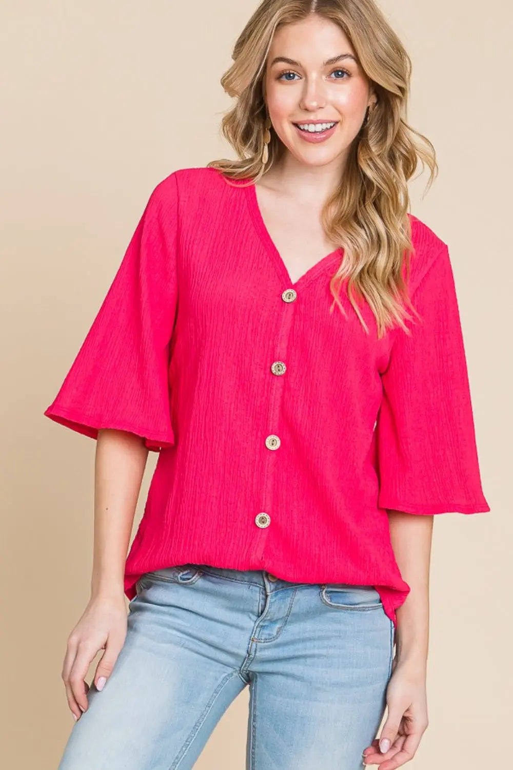 BOMBOM Texture Decorative Button V-Neck Top-Very Besty