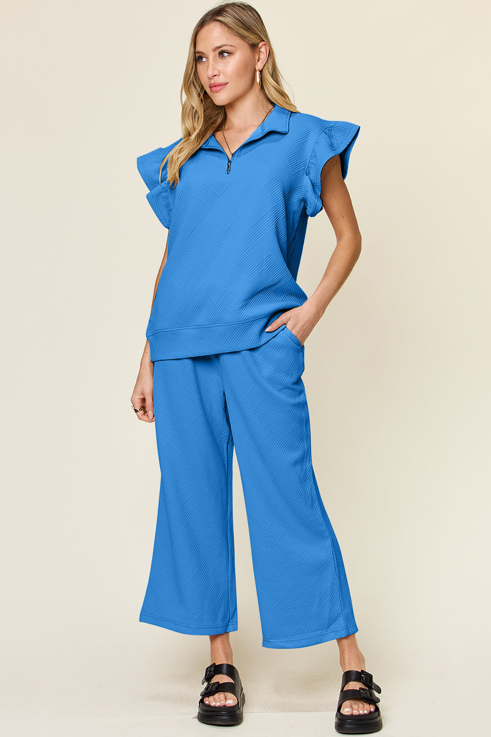 Double Take Texture Ruffle Short Sleeve Top and Drawstring Wide Leg Pants Set-Very Besty