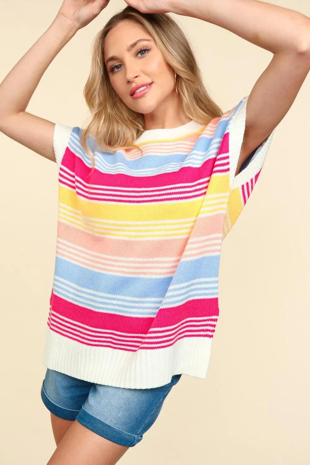 Haptics Striped Side Slit Short Sleeve Knit Top-Very Besty