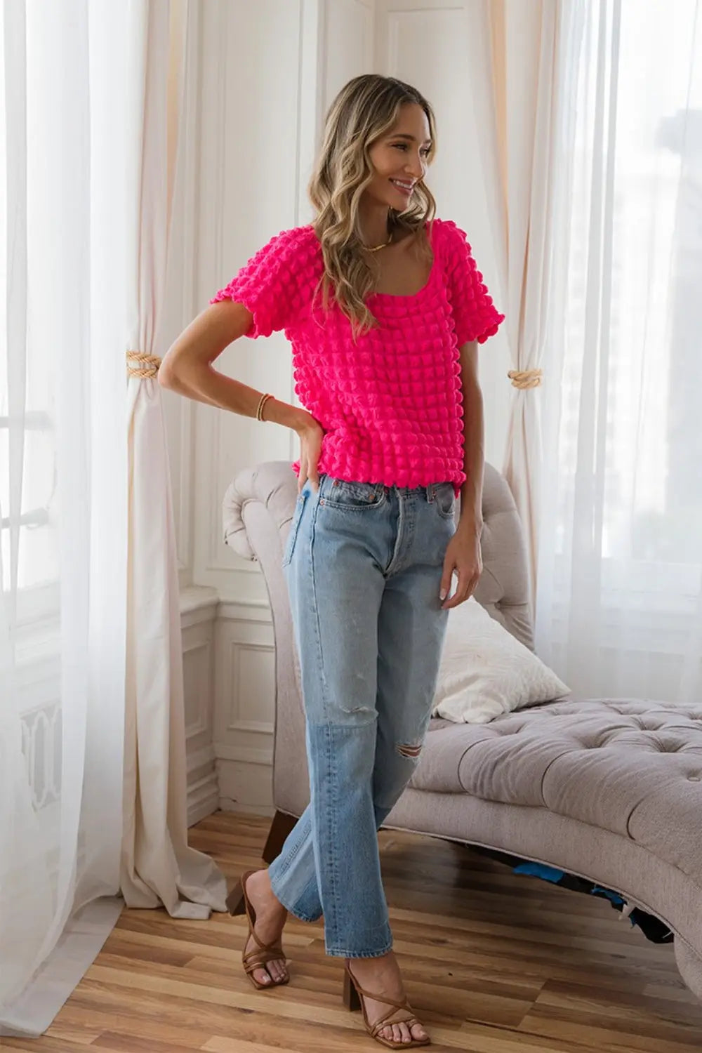 Sew In Love Bubble Textured Round Neck Short Sleeve T-Shirt-Very Besty