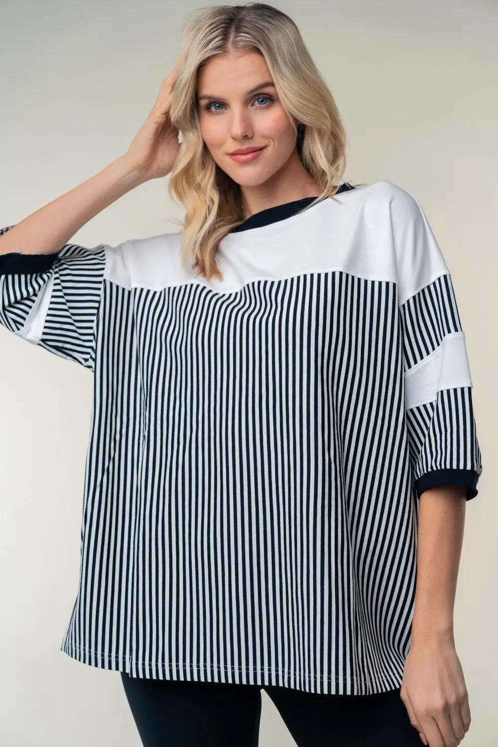 White Birch Full Size Striped Contrast Round Neck Top-Very Besty
