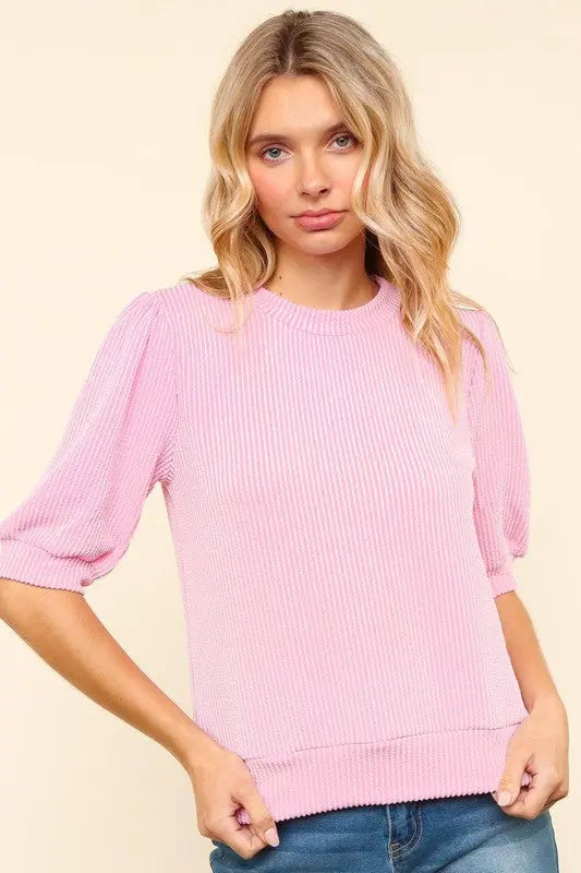 Haptics Full Size Wavy Rib Half Sleeve Knit Top-Very Besty