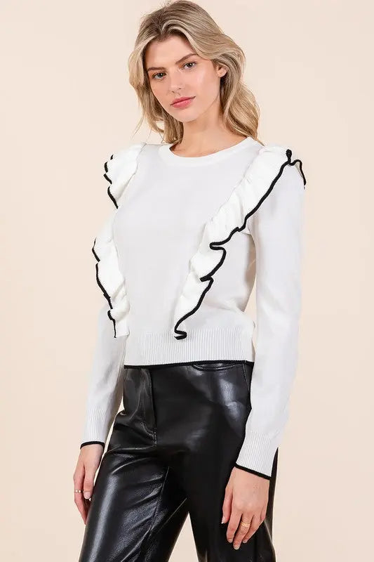 Mittoshop Contrast Trim Ruffled Round Neck Knit Top-Very Besty