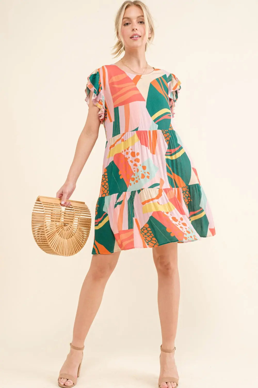 And The Why Printed Double Ruffle Sleeve Dress-Very Besty