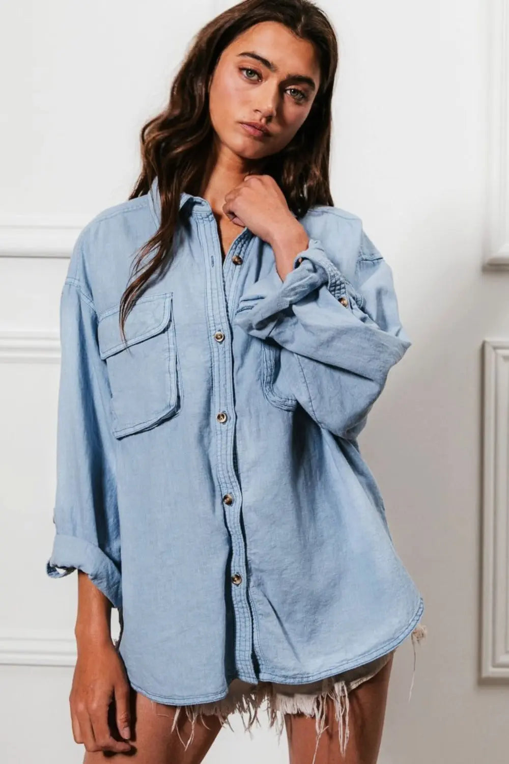 BiBi Button Down Stitch Detail Shirt with Chest Pockets-Very Besty