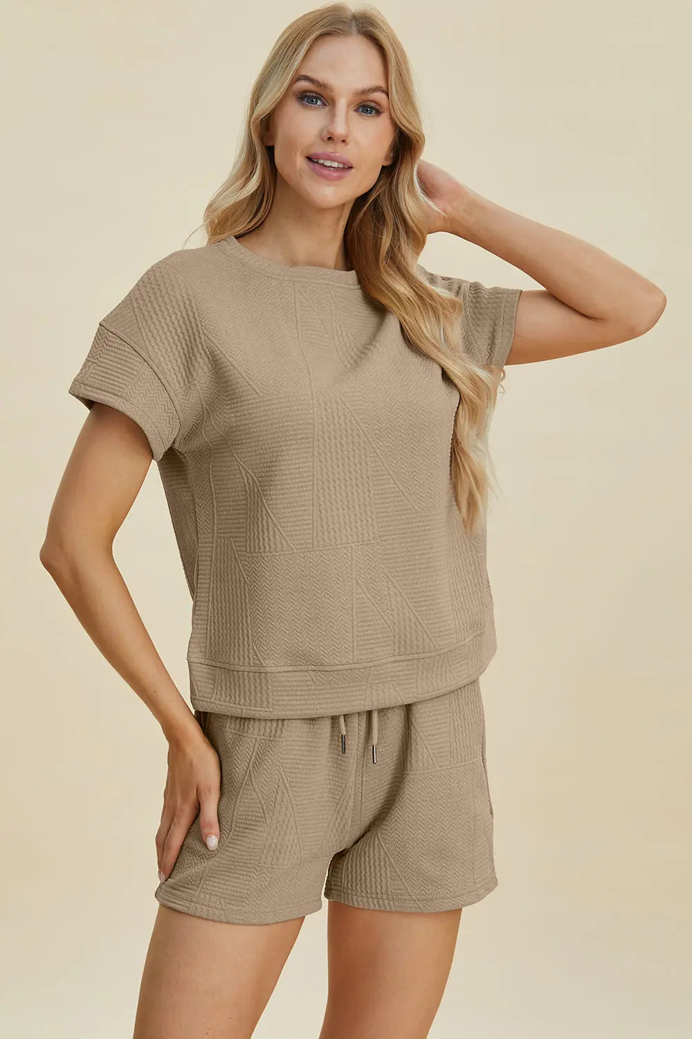 Double Take Full Size Texture Short Sleeve Top and Shorts Set-Very Besty