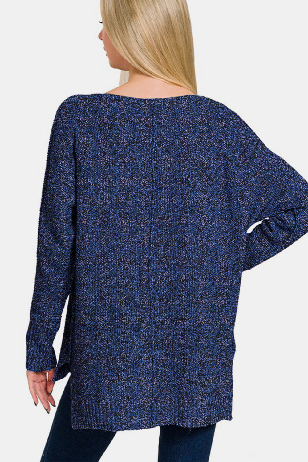 Zenana High-Low Center Seam V-Neck Sweater-Very Besty