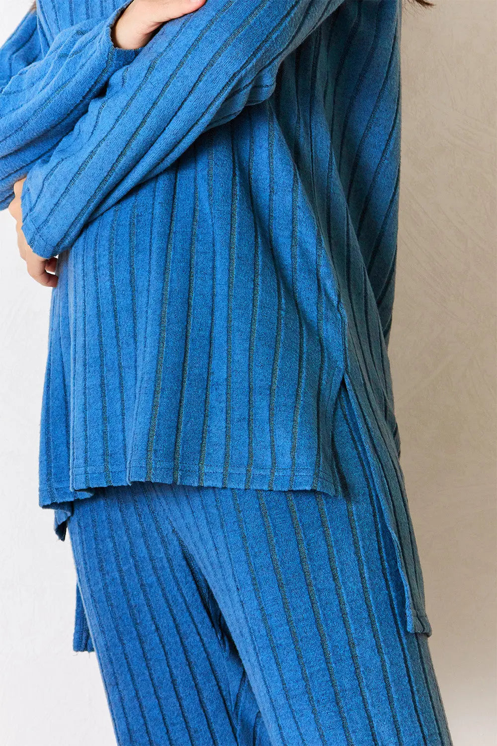 Basic Bae Full Size Ribbed Round Neck High-Low Slit Top and Pants Set-Very Besty