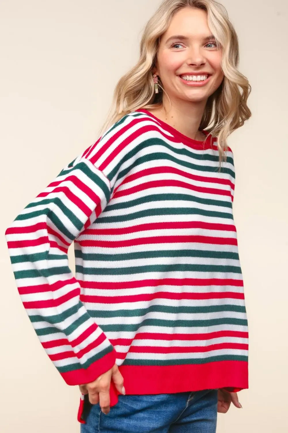 Haptics Full Size Striped Contrast Side Slit Knit Top-Very Besty