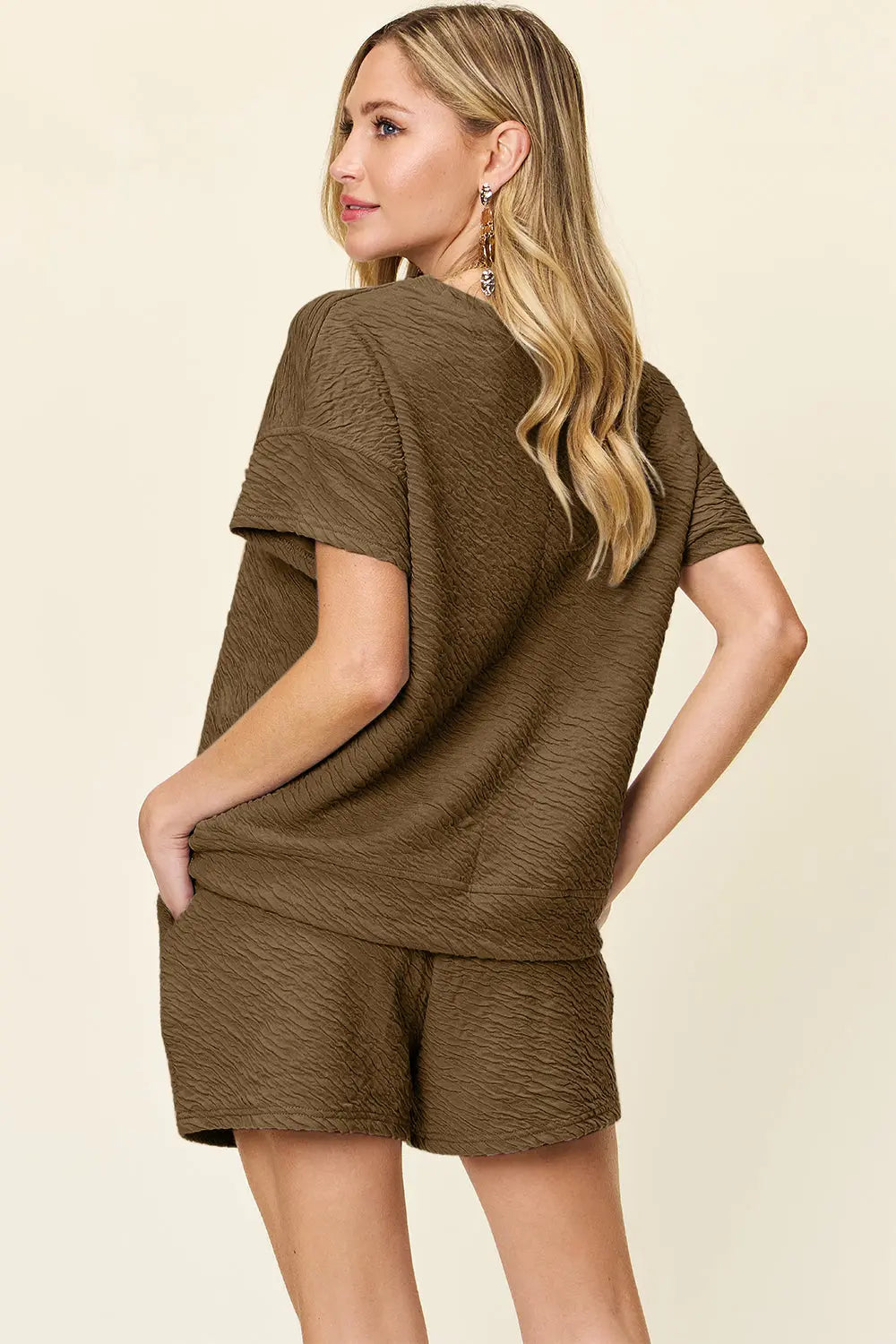 Double Take Full Size Texture Short Sleeve T-Shirt and Drawstring Shorts Set-Very Besty
