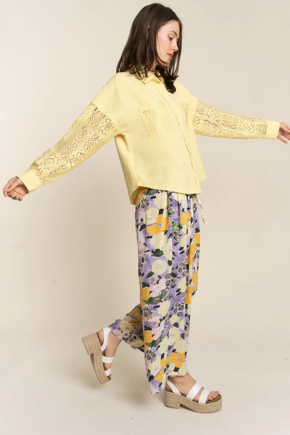 J.NNA Button Down Lace Long Sleeve Waffle Shirt-Very Besty