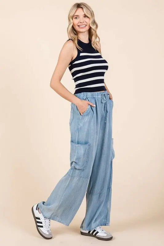 Mittoshop Washed Elastic Waist Cargo Wide Leg Pants-Very Besty