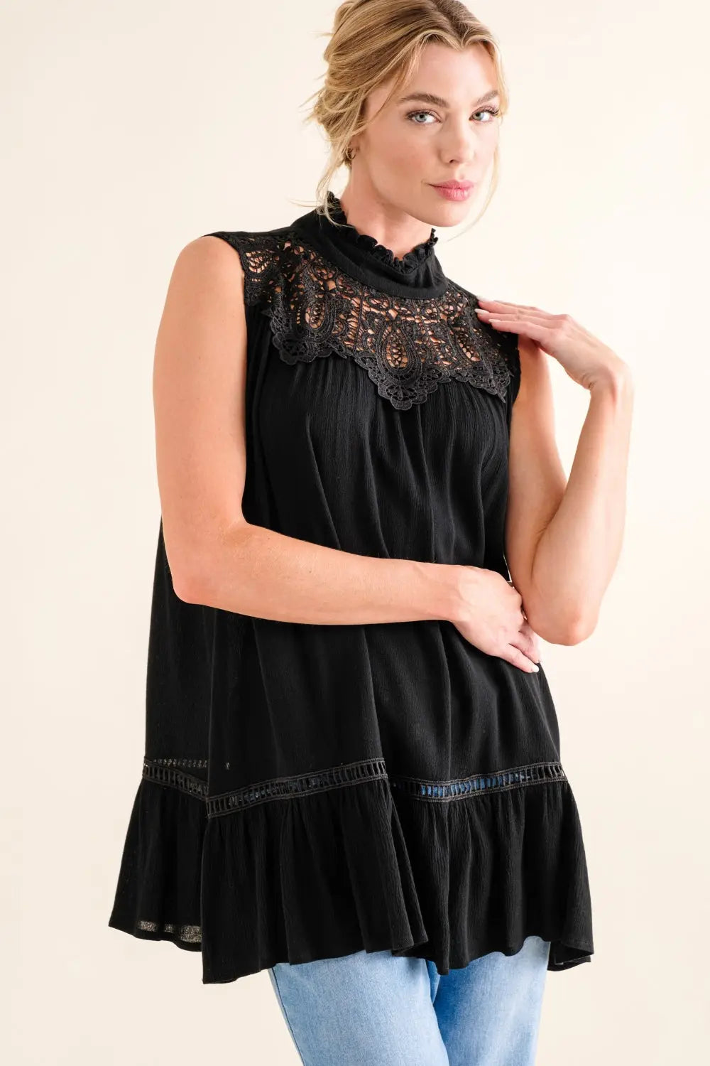 And The Why Lace Detail Sleeveless Ruffled Top-Very Besty